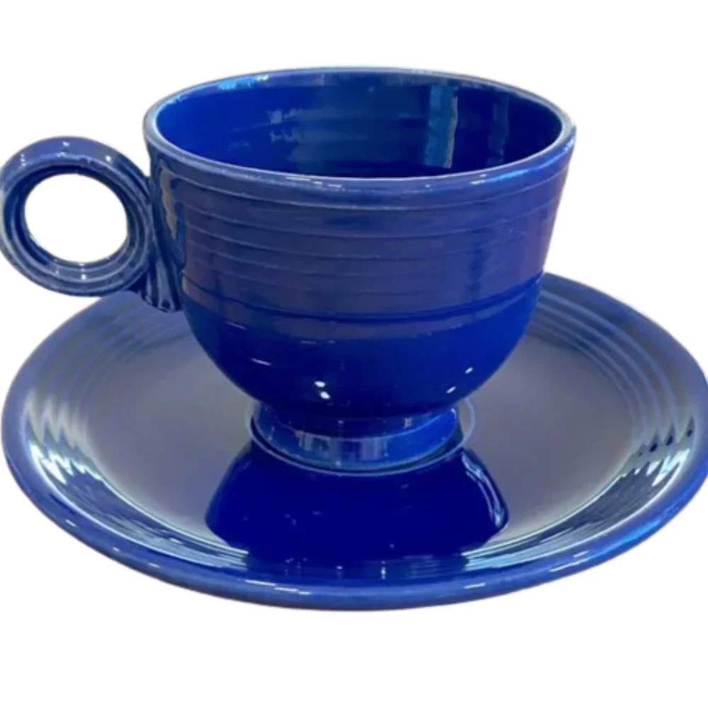 Fiestaware Vintage Mid Century Modern Dinnerware Cup Saucer Set Cobalt Blue